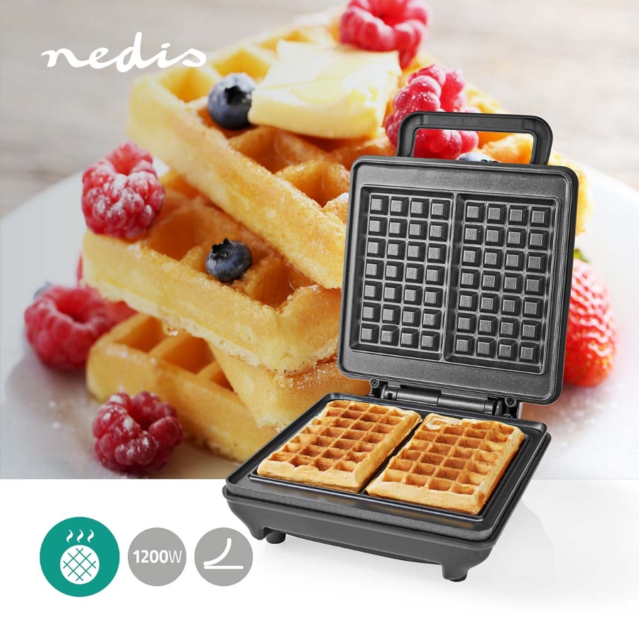 Nedis KAWP210FBK Waffeleisen ABS / Aluminium Belgien Waffeln | 22 x 12.5 cm | 1200 W