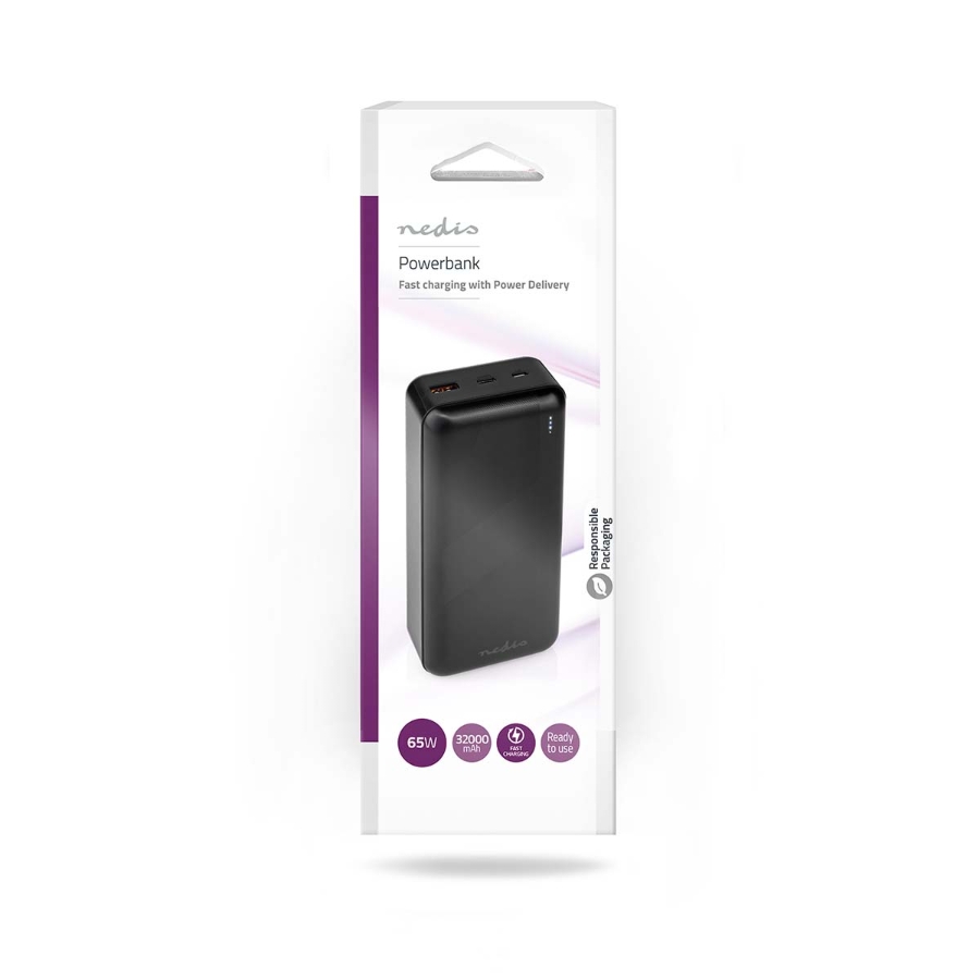 Nedis UPBK65W30000BK Powerbank 32000 mAh Lithium-Polymer 2.4 / 3.0 / 3.25 A |Anzahl der Ausgänge: 2| 