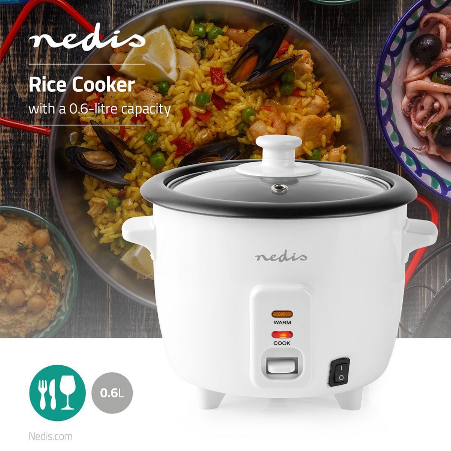 Nedis KARC06WT Reiskocher 0.6 l | 300 W | Aluminium-Dampfer Antihaft-Beschichtung | Herausnehmbare Schüssel |