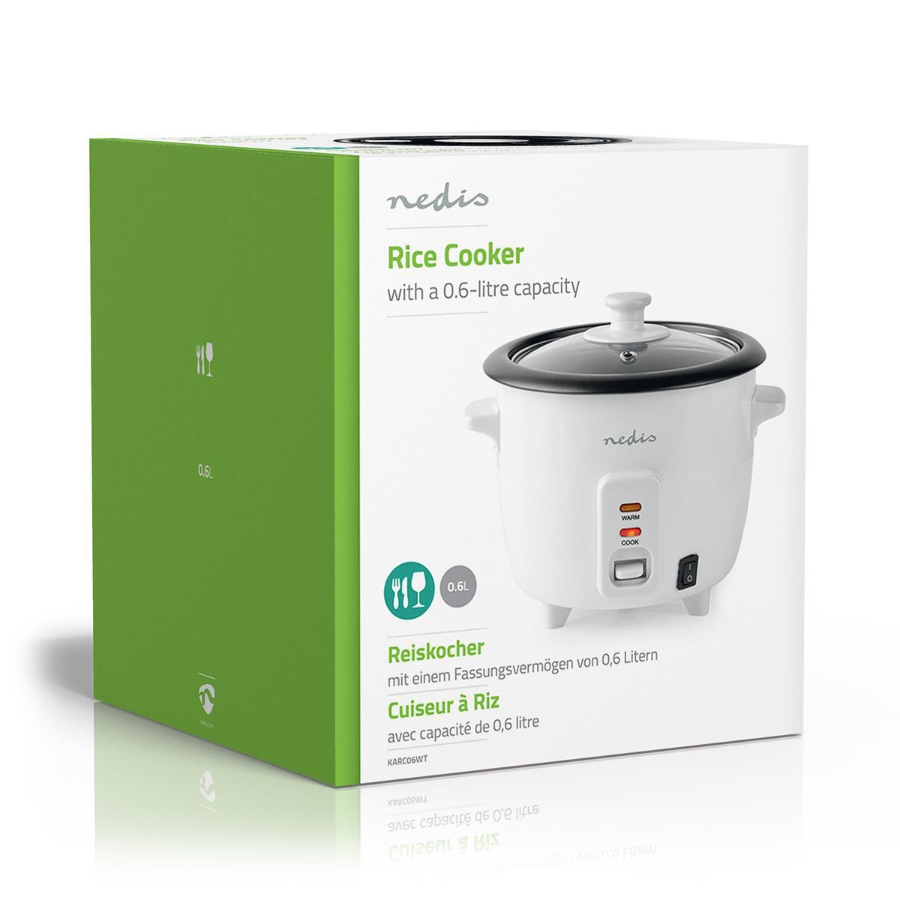 Nedis KARC06WT Reiskocher 0.6 l | 300 W | Aluminium-Dampfer Antihaft-Beschichtung | Herausnehmbare Schüssel |