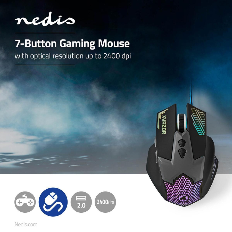 Nedis GMWD200BK Gaming Mouse Rechtshändig | 1.50 m | LED Verdrahtet | 800 / 1200 / 1600 / 2400 dpi | Einstellbar DPI 