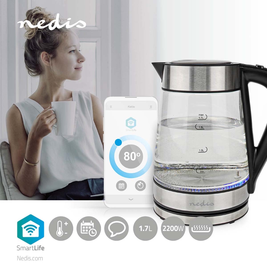 Nedis WIFIWK10CGS SmartLife Wasserkocher Wi-Fi  1.7 l | Glas | 40,60,70,80,90,100 °C | Temperaturanzeige