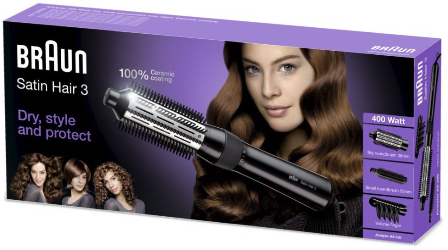 Braun Haircare AS330E Warmluft-Luckenbürste, 400W, Maxi-Lockenbürste Haarstyling Schwarz