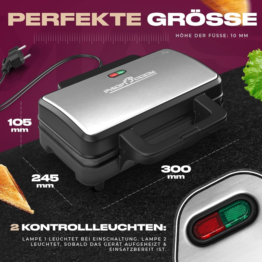 Proficook PC-ST 1092 Sandwichtoaster, 900 W,Edelstahl-schwarz Sandwichmaker für amerikanische Sandwiches und XXL-