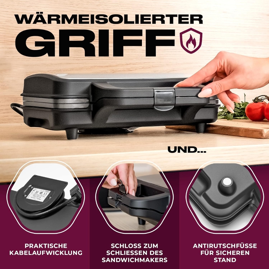 Proficook PC-ST 1092 Sandwichtoaster, 900 W,Edelstahl-schwarz Sandwichmaker für amerikanische Sandwiches und XXL-