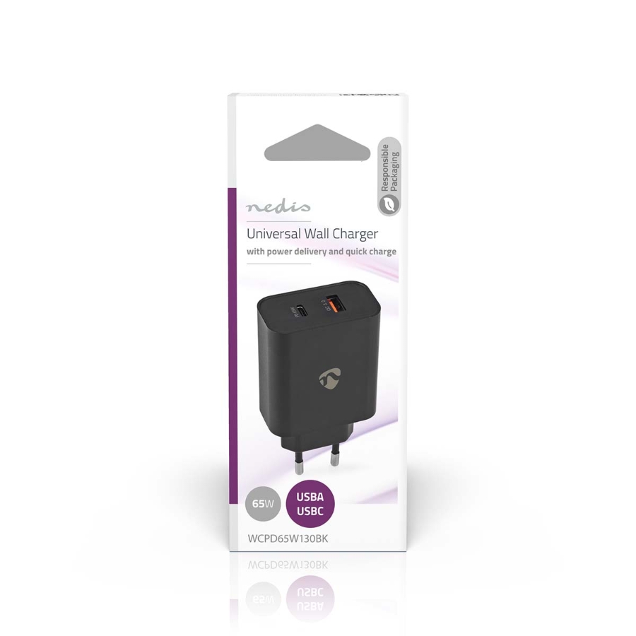 Nedis WCPD65W130BK  Netzladegerät 65 W | Schnellladefunktion | 2.0 / 2.25 A / 3.25 A A | 