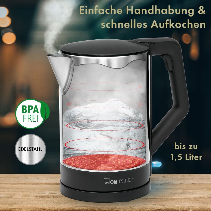 Clatronic WKS 3692 sw Wasserkocher, 1,5 l, 2200 W, inox 