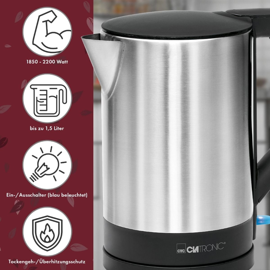 Clatronic WKS 3692 sw Wasserkocher, 1,5 l, 2200 W, inox 