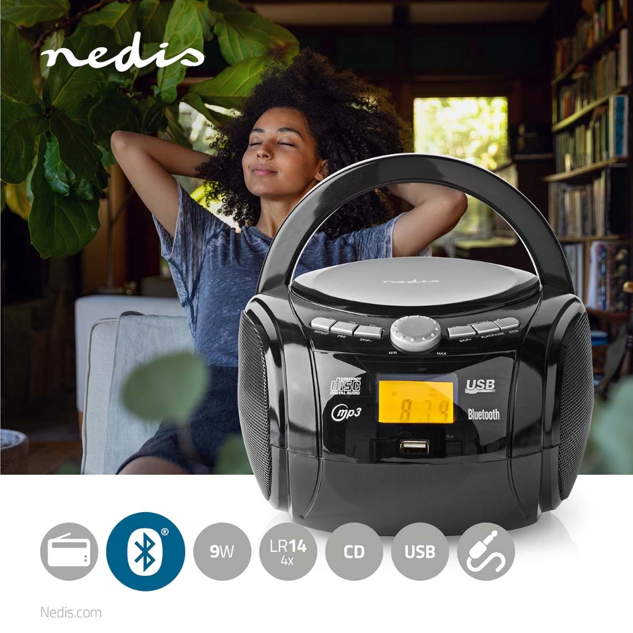 Nedis SPBB100BK CD-Player Boombox Batteriebetrieben / Netzstromversorgung | Stereo | 9 W 