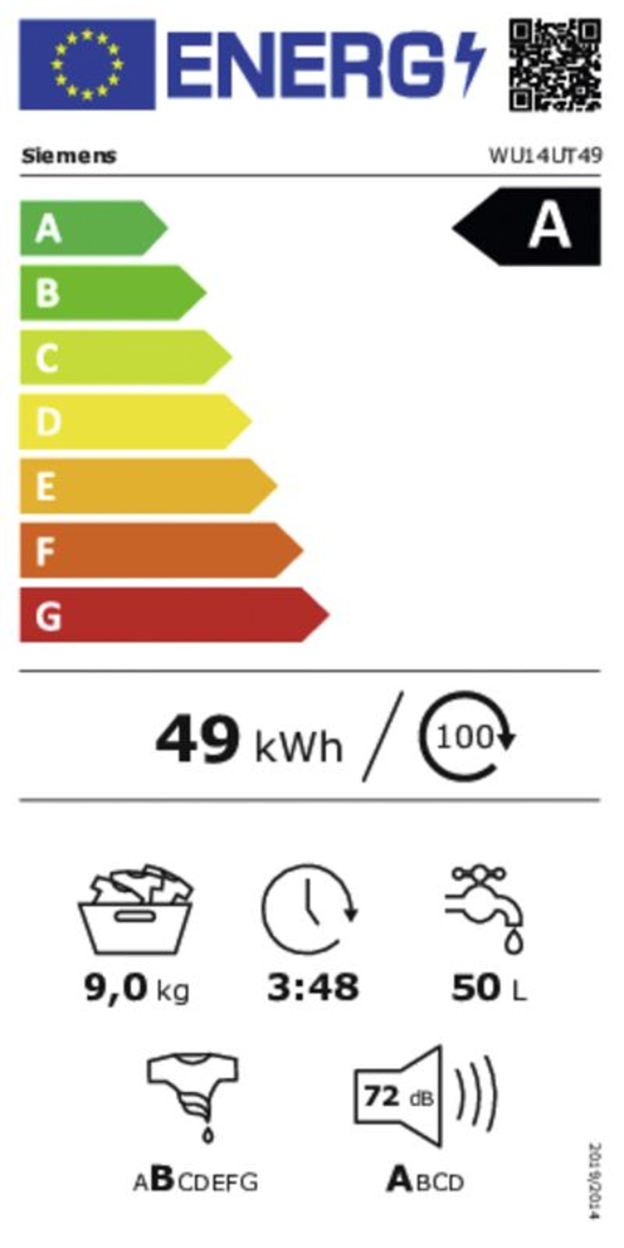 Siemens WU14UT49 Waschmaschine 9kg 1400 U/min Frontlader 60 cm Weiss Warmwasser-Anschluss,Unterbaufähig
