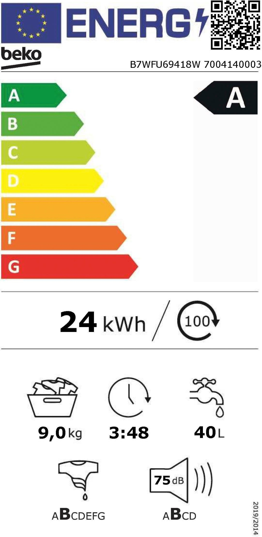 Beko B7WFU69418W Waschmaschine 60cm Frontlader 9kg 1400 U/min