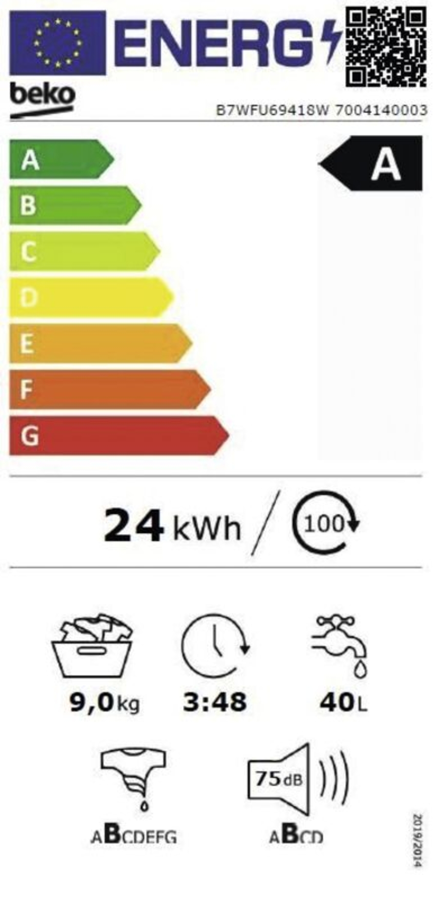Beko B7WFU69418W Waschmaschine 60cm Frontlader 9kg 1400 U/min
