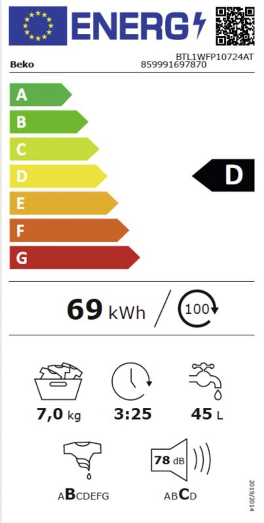 Beko BTL1WFP10724AT  Waschmaschine, Toplader, 1-7 kg, 1200 U/min Digital Display