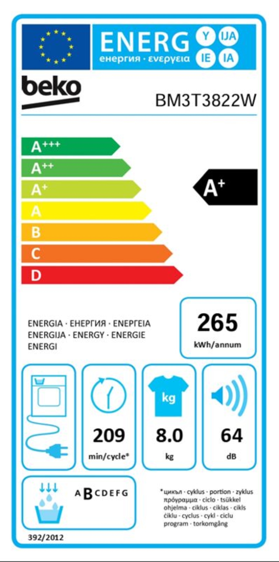 Beko BM3T3829W Wärmepumpentrockner, 8 kg, Digital Display 