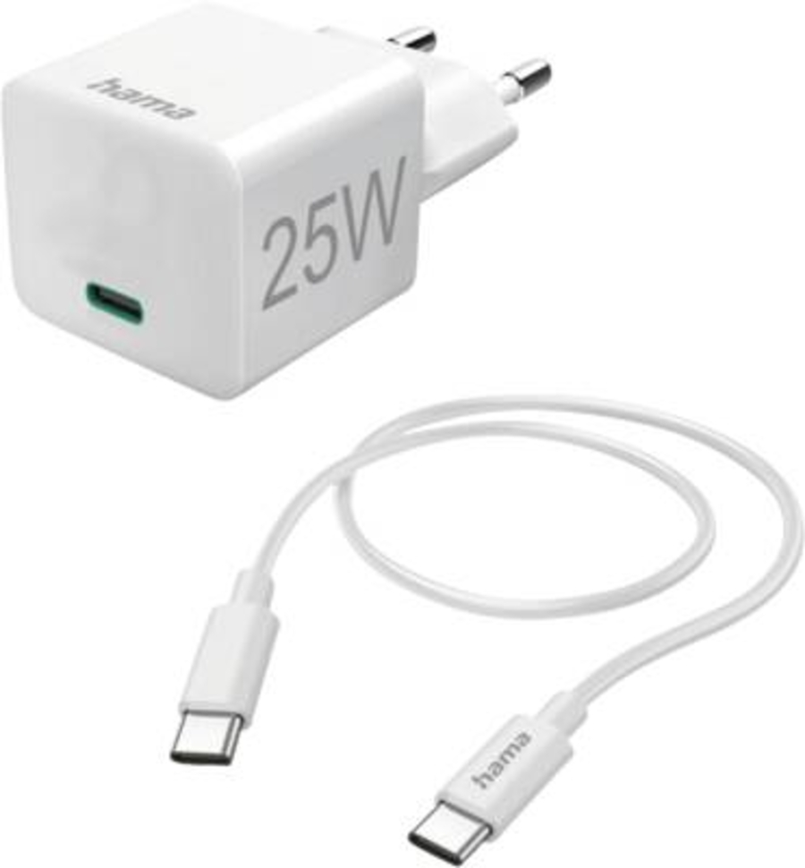 Hama 201624 Schnellladegerät mit Ladekabel USB-C, Mini-Ladegerät, PD, 25 W, 1,5 m, Weiss