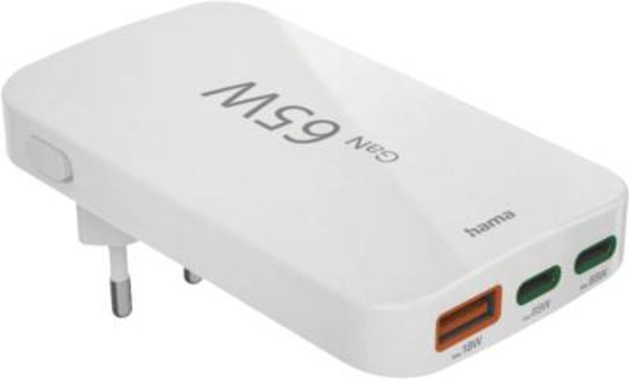 Hama 201976 Schnellladegerät, 2x USB-C, 1x USB-A, flaches Mini-Ladegerät, PD, 65 W, Weiss