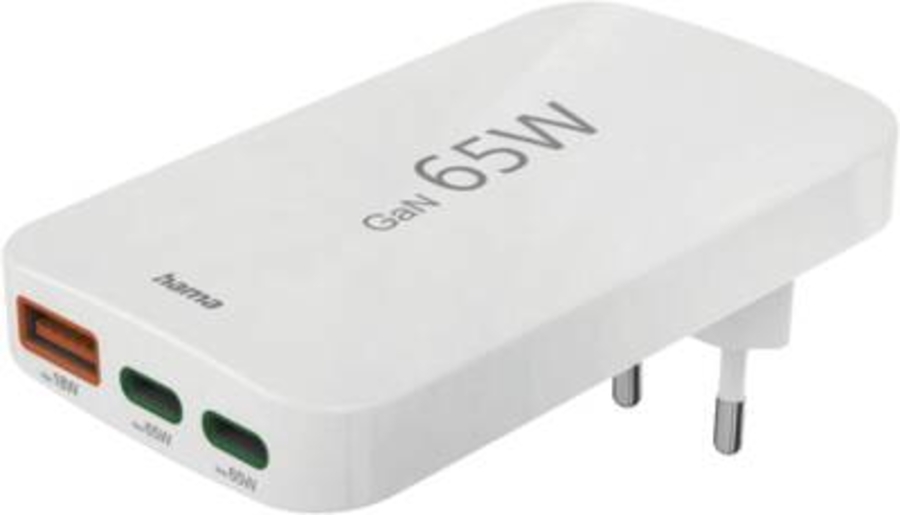 Hama 201976 Schnellladegerät, 2x USB-C, 1x USB-A, flaches Mini-Ladegerät, PD, 65 W, Weiss