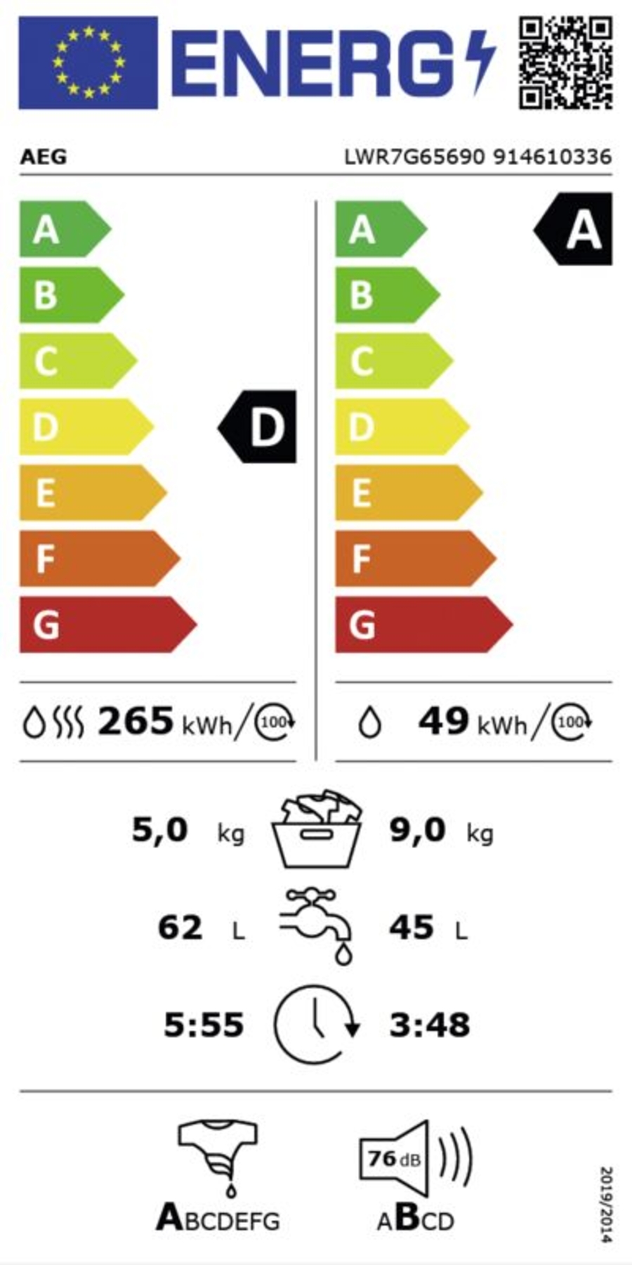 AEG LWR7G65690 Serie 7000 ProSteam®  Waschtrockner Stand 1600 U/ min 9.0 kg Waschen / 5.0 kg Trocknen / D energiesparend /