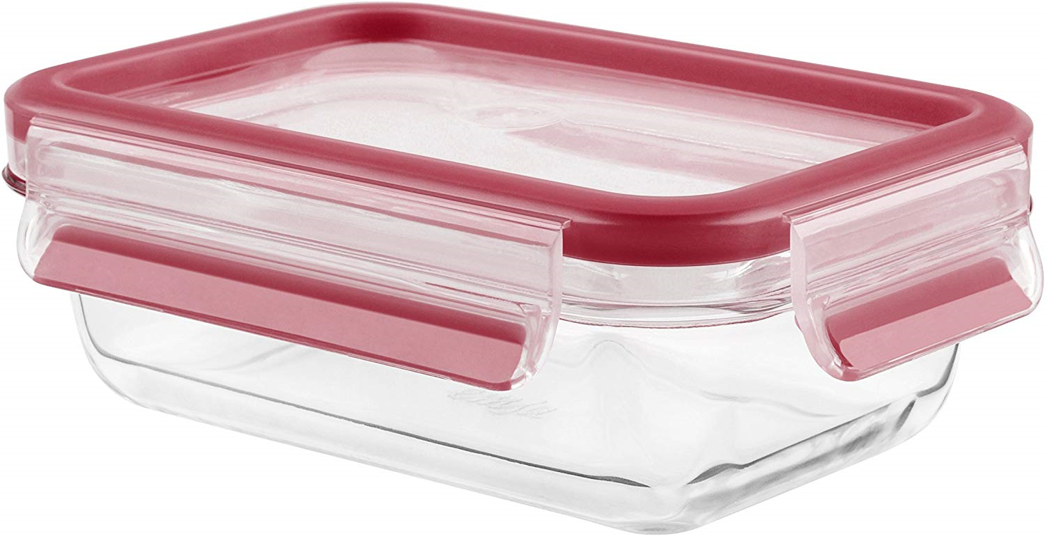 Emsa 513918 Frischhaltedose mit Deckel, Glas, Rechteckig, Volumen 0,5 Liter, Transparent/Rot, Clip & Close