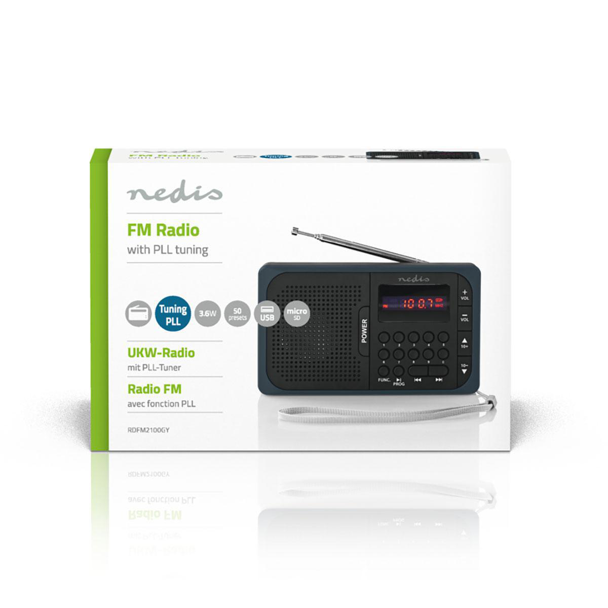 Nedis RDFM2100GY FM-Radio Tragbar Batteriebetrieben / Netzstromversorgung