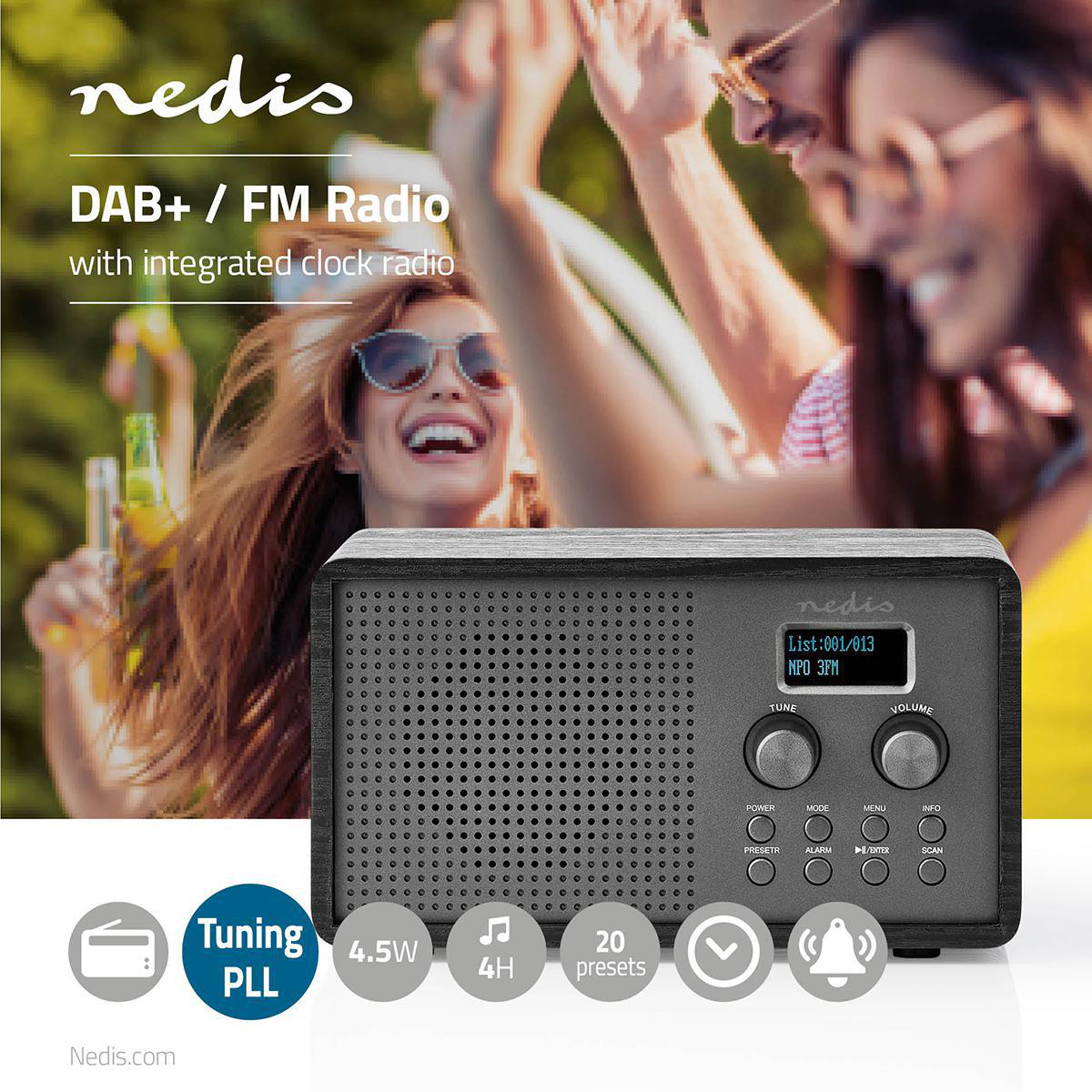 Nedis RDDB5110BK DAB + Radio Tisch Ausführumg | DAB+ / FM | 1.3 "  Scharz-weiß Monitor | Stromversorgung über USB | Digital