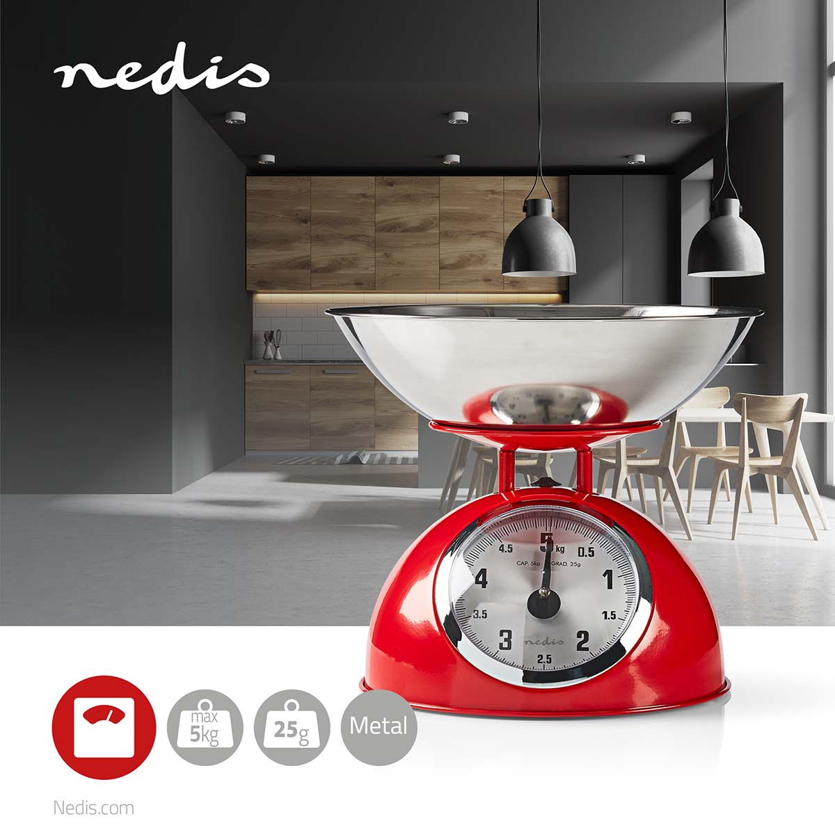 Nedis KASC110RD Küchenwaage Analog | Edelstahl | Abnehmbare Schale | Red