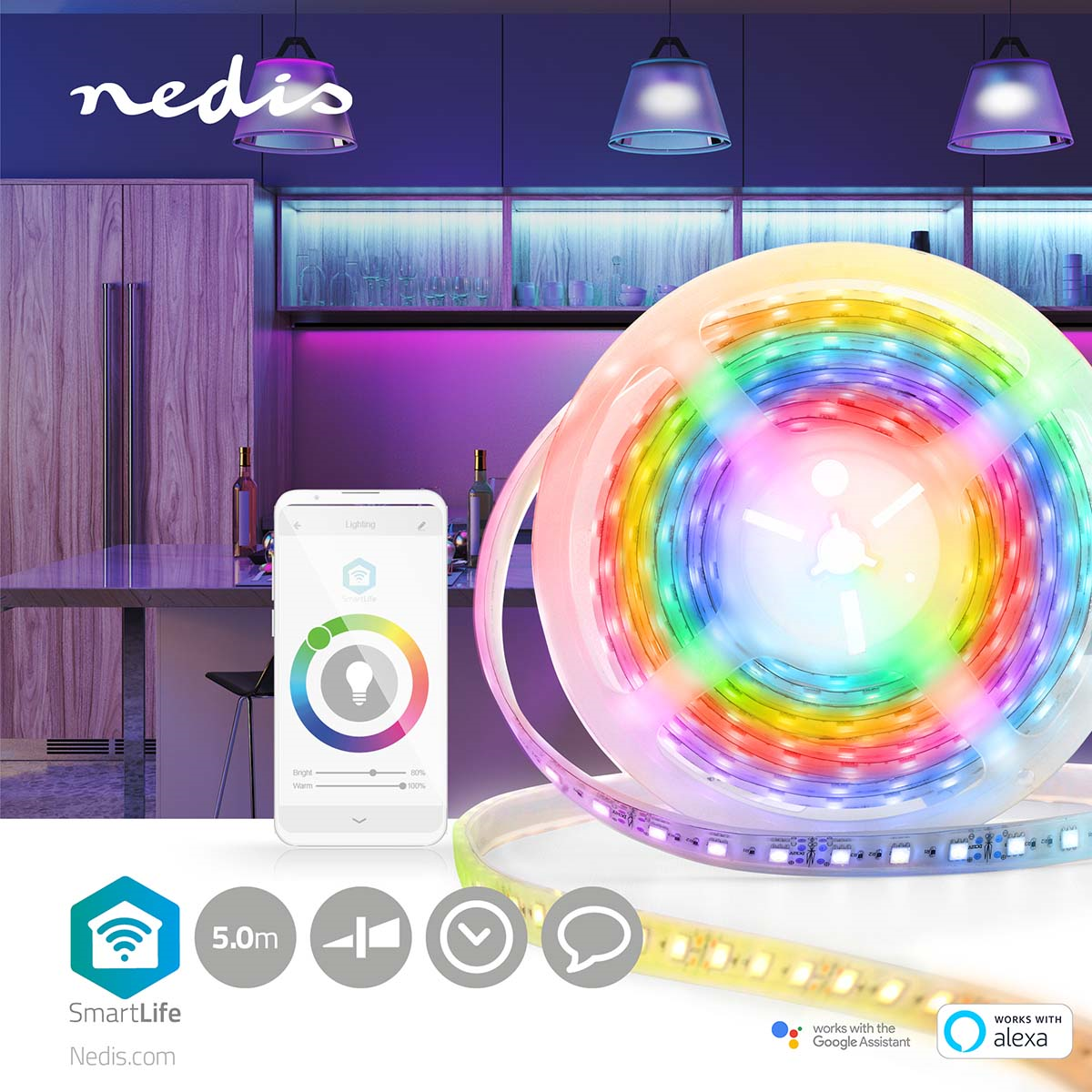 Nedis WIFILS51CRGB SmartLife LED-Streifen 5,00 m Wi-Fi | Mehrfarbig | SMD | 5.00 m | IP65 | 2700 K | 960 lm |