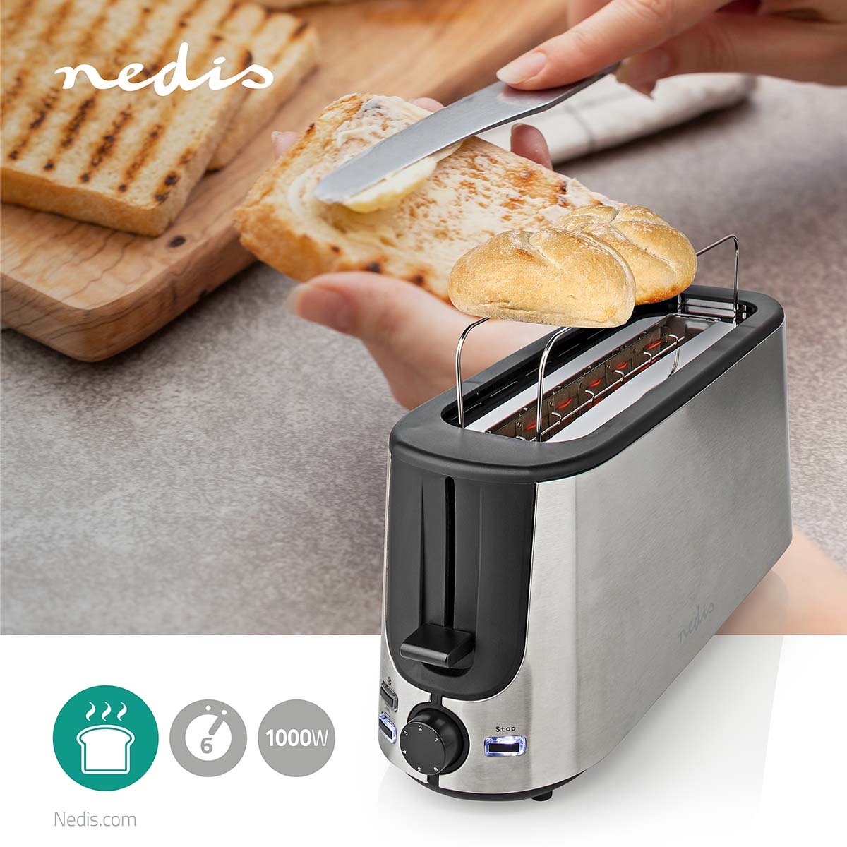 Nedis KABT310EAL Toaster Edelstahl Serie | 1 Steckplätz | Bräunungsstufen: 6 