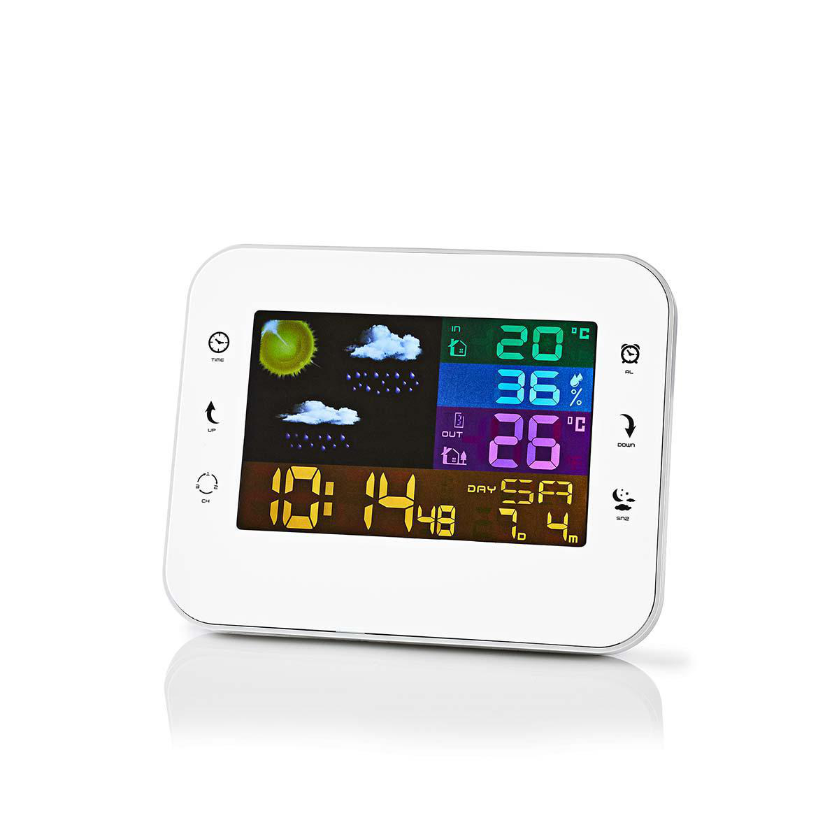 Nedis WEST402WT Wetterstation Farb-LCD-Anzeige | Weckerfunktion Innen- und Aussenbereich | Inklusive schnurloser