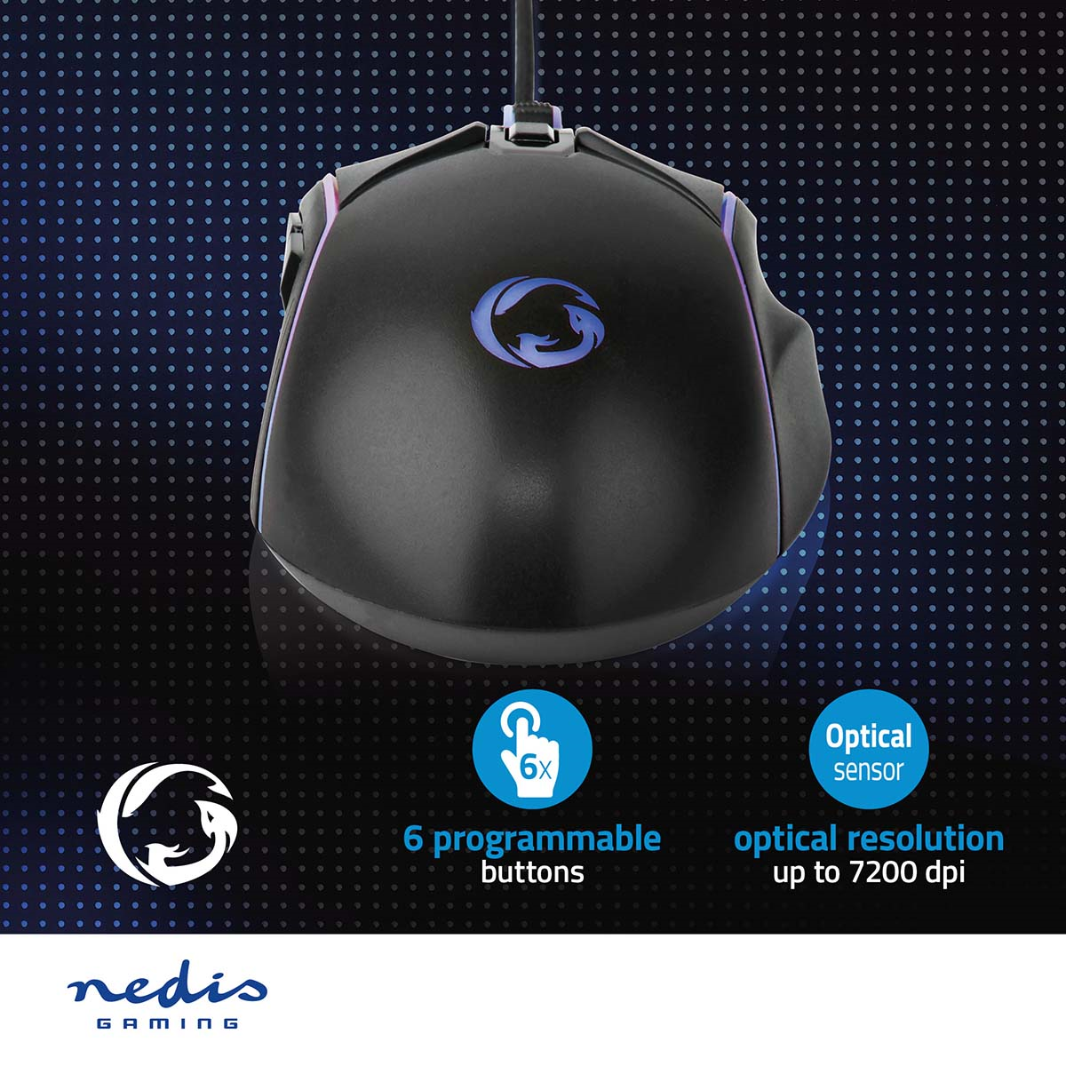 Nedis GMWD510BK Gaming Mouse Verdrahtet 1.5m LED 800 / 1200 / 2400 / 3200 / 4800 / 7200 dpi | Einstellbar DPI
