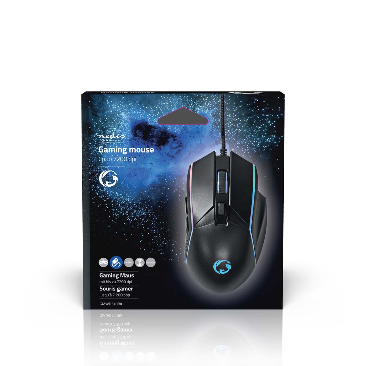 Nedis GMWD510BK Gaming Mouse Verdrahtet 1.5m LED 800 / 1200 / 2400 / 3200 / 4800 / 7200 dpi | Einstellbar DPI