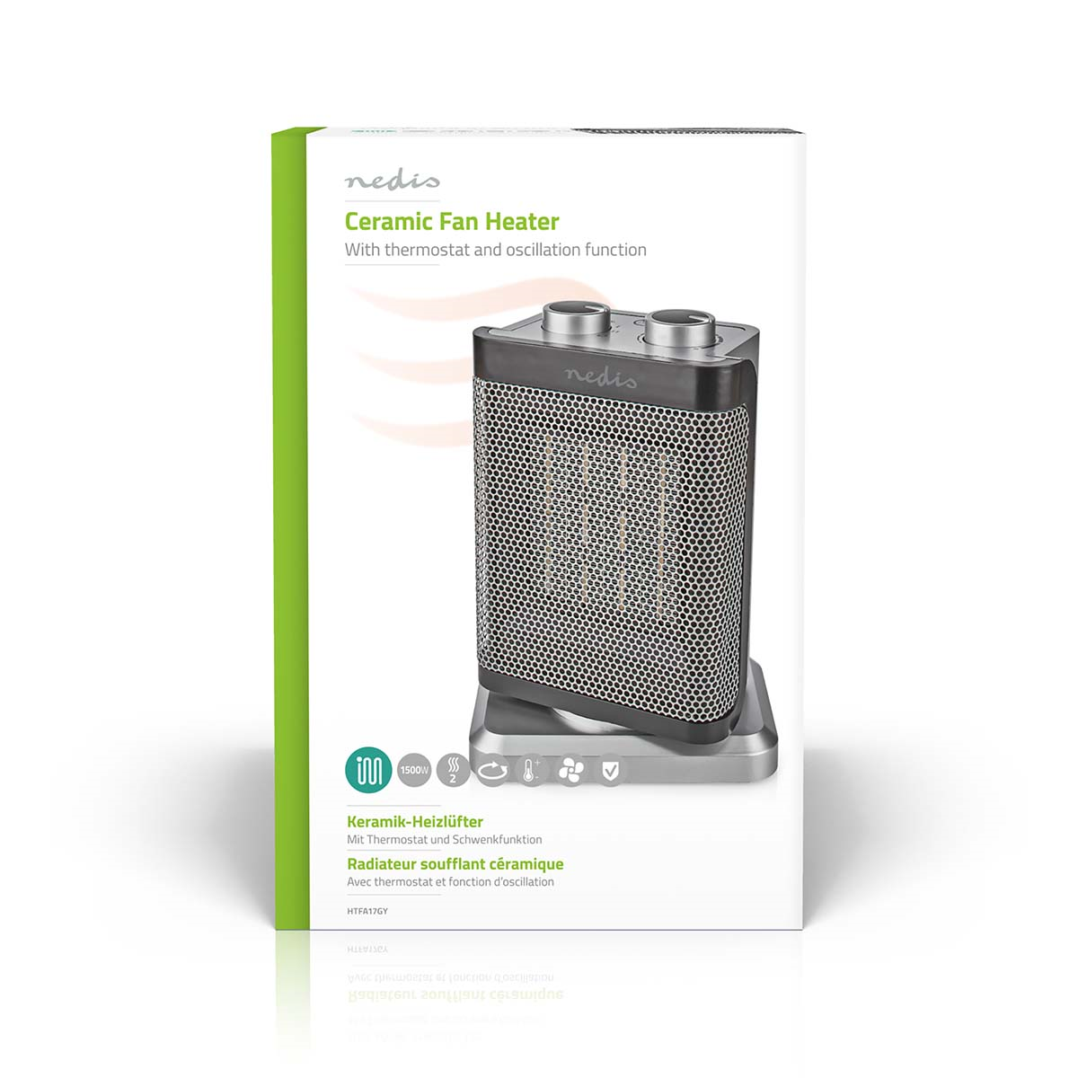 Nedis HTFA17GY Keramik-PTC-Heizlüfter 1000 / 1500 W |2 Wärme Modus Verstellbares Thermostat | automatisch drehbar | Überhitzung