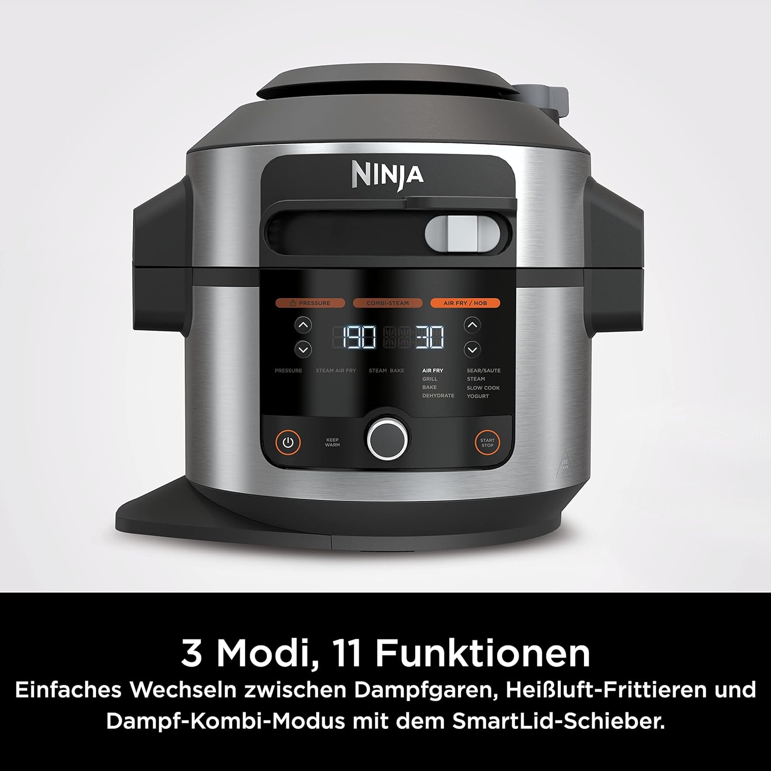 Ninja OL550EU Foodi Multikocher mit SmartLid Multikocher  6L,11-in-1 Multicooker,Heißluftfritteuse,Grillen,