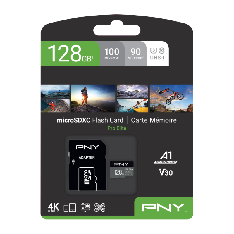 PNY Pro Elite 128Gb microSD Speicherkarte inkl. Adapter UHS-I U3, A1,V30, Class 10 (P-SDU128V31100PRO-GE) 